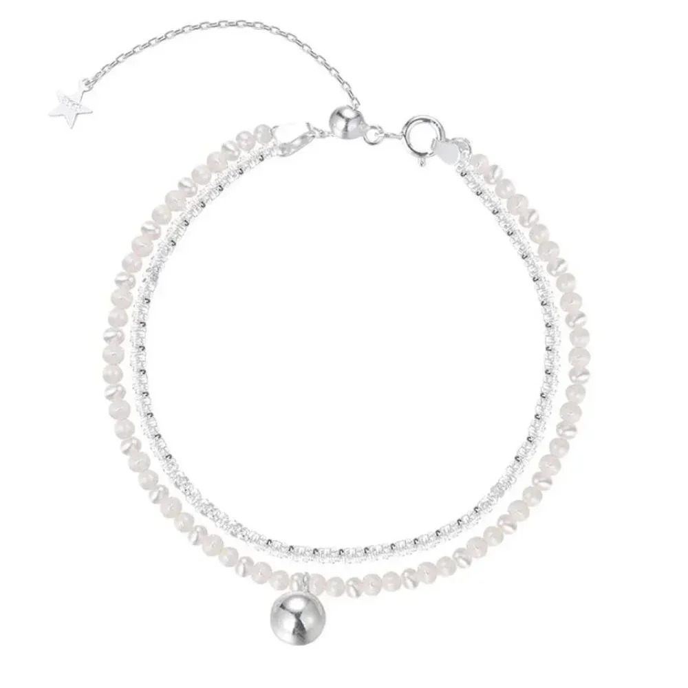 925 Sterling Silver Bead & Pearl Layer Bracelet Shiny Sequin Bracelet - Picture 7 of 7